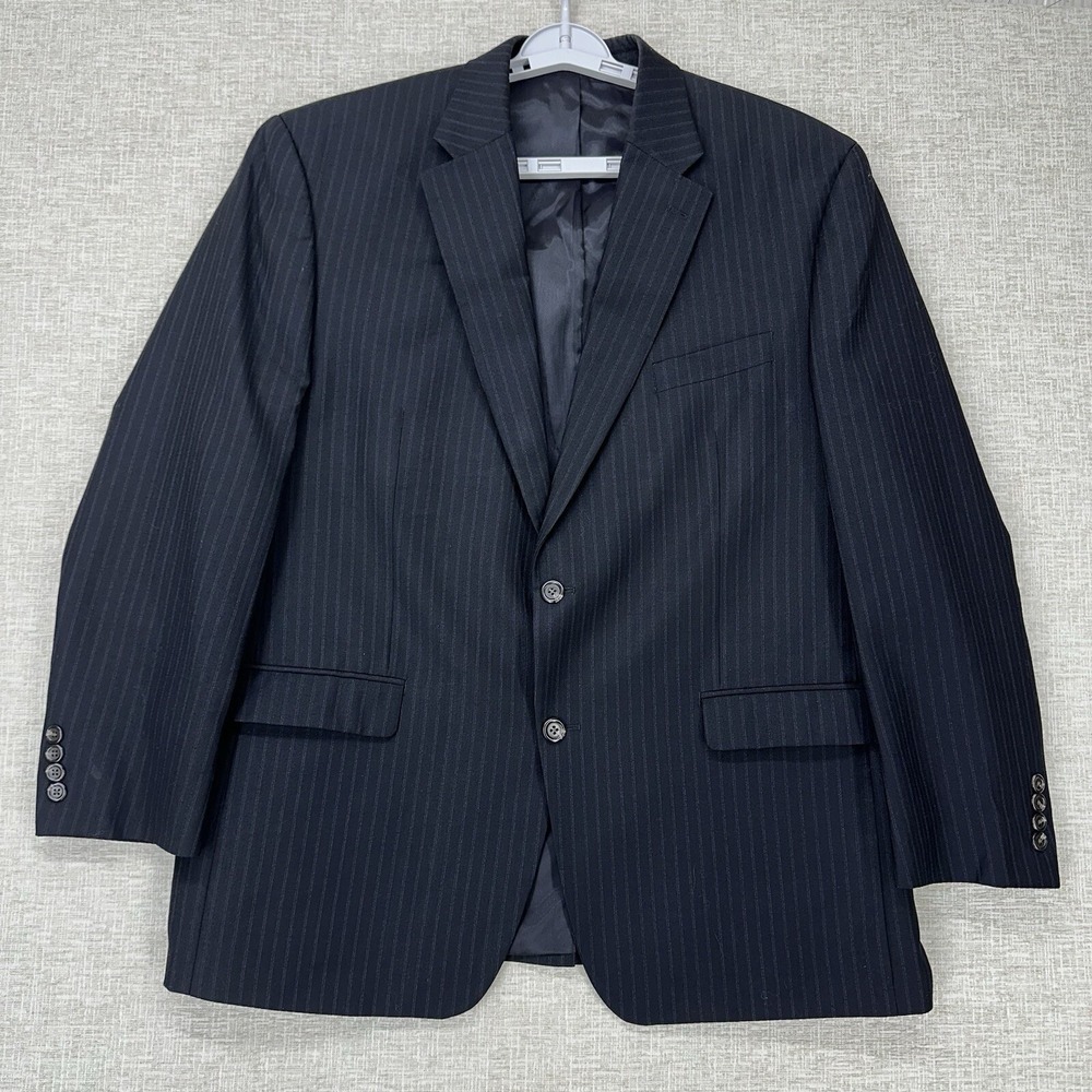 Chaps Suit Jacket Mens 46R Black Wool Pin Striped‎ 2 Button Pockets Long Sleeve